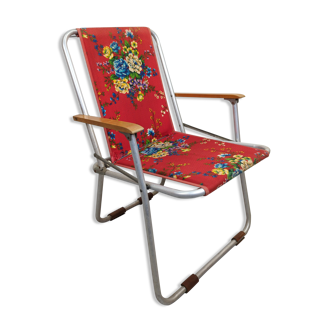 Chaise pliante vintage camping tissu rouge fleuri