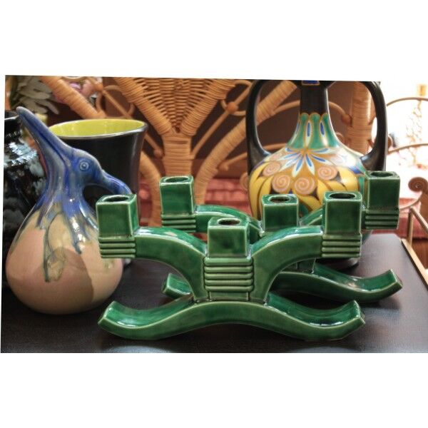 Pair of three-light candlesticks in green ceramic from around 1950-1960.