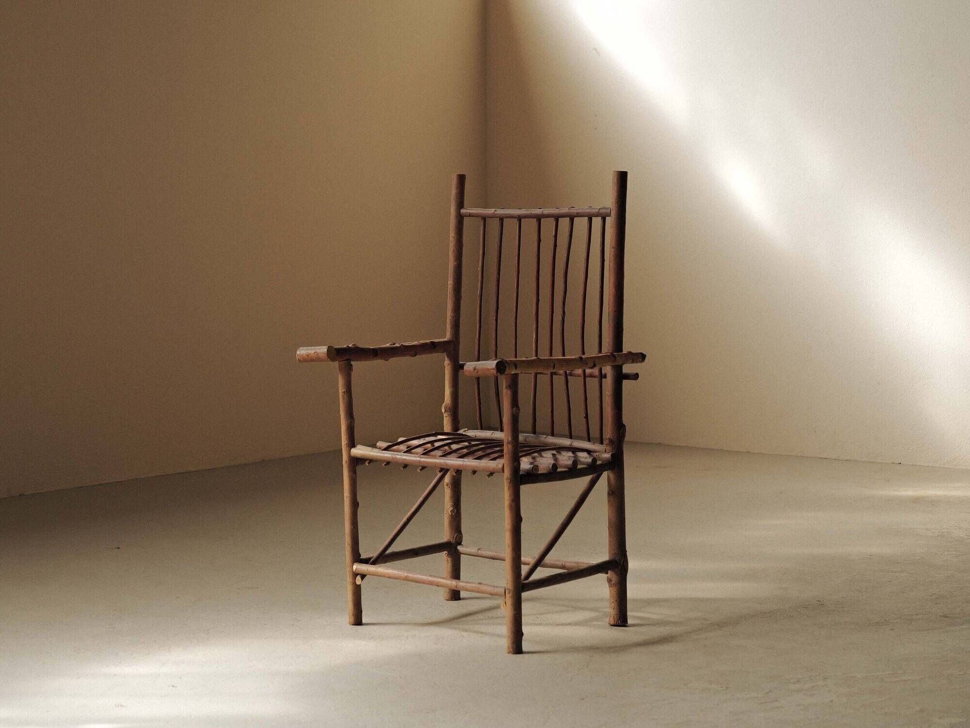 Brutalist armchair made of hazel branches, circa 1970.
