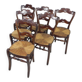 Set of 6 farm chairs with wicker seats, around 1900