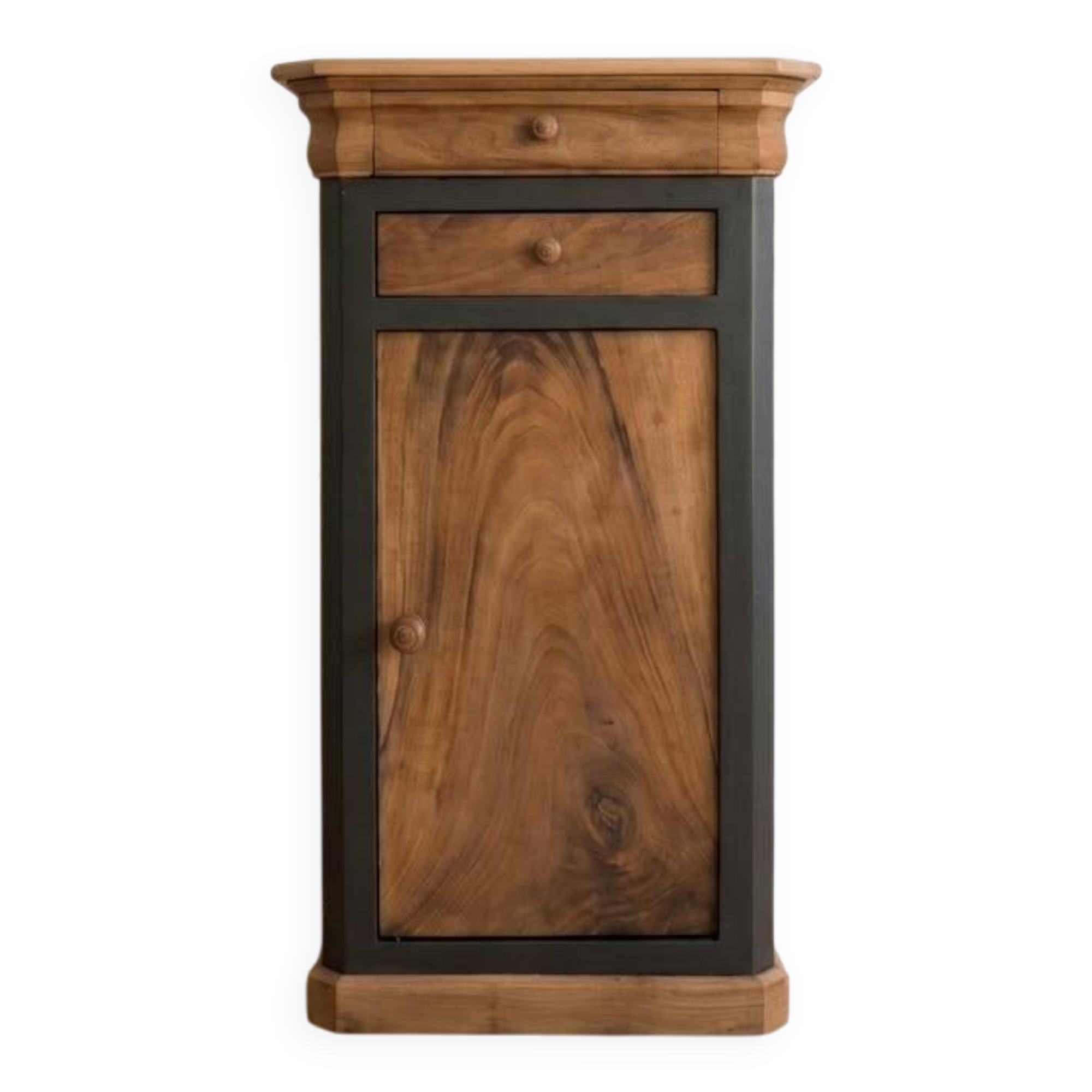 Antique bedside table in walnut and painted wood.