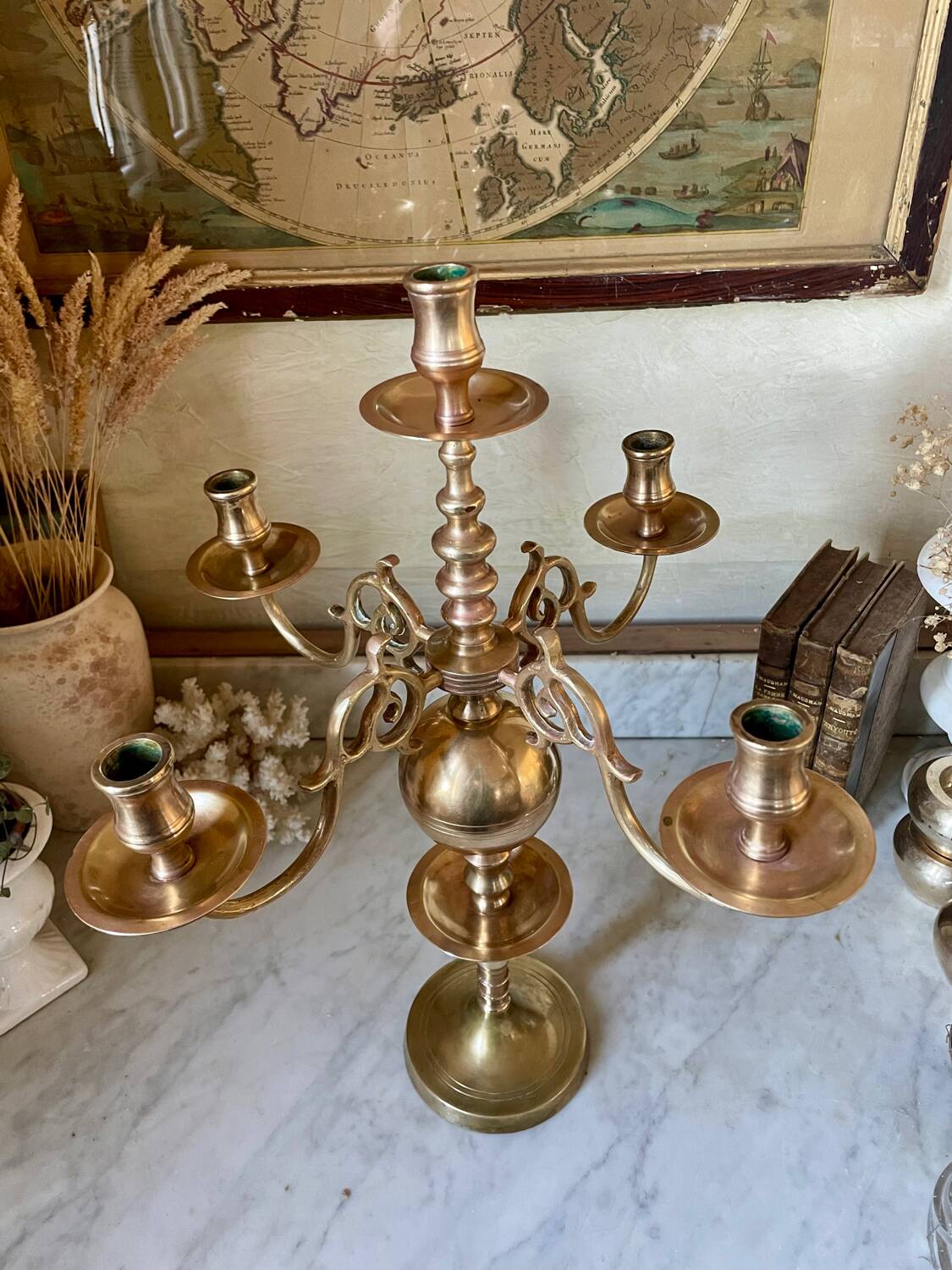 Antique Dutch 5-light brass candlestick