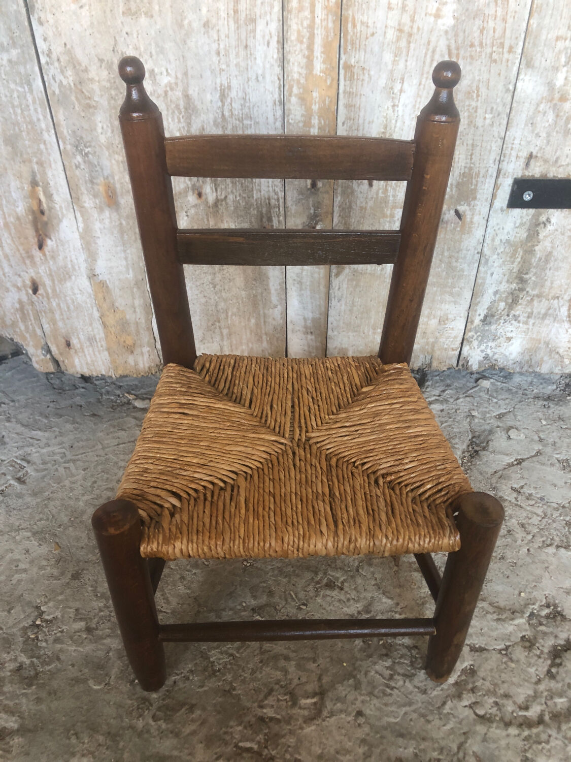 Chaise enfant bebe bois tourné + assise paille tressée vintage #a289