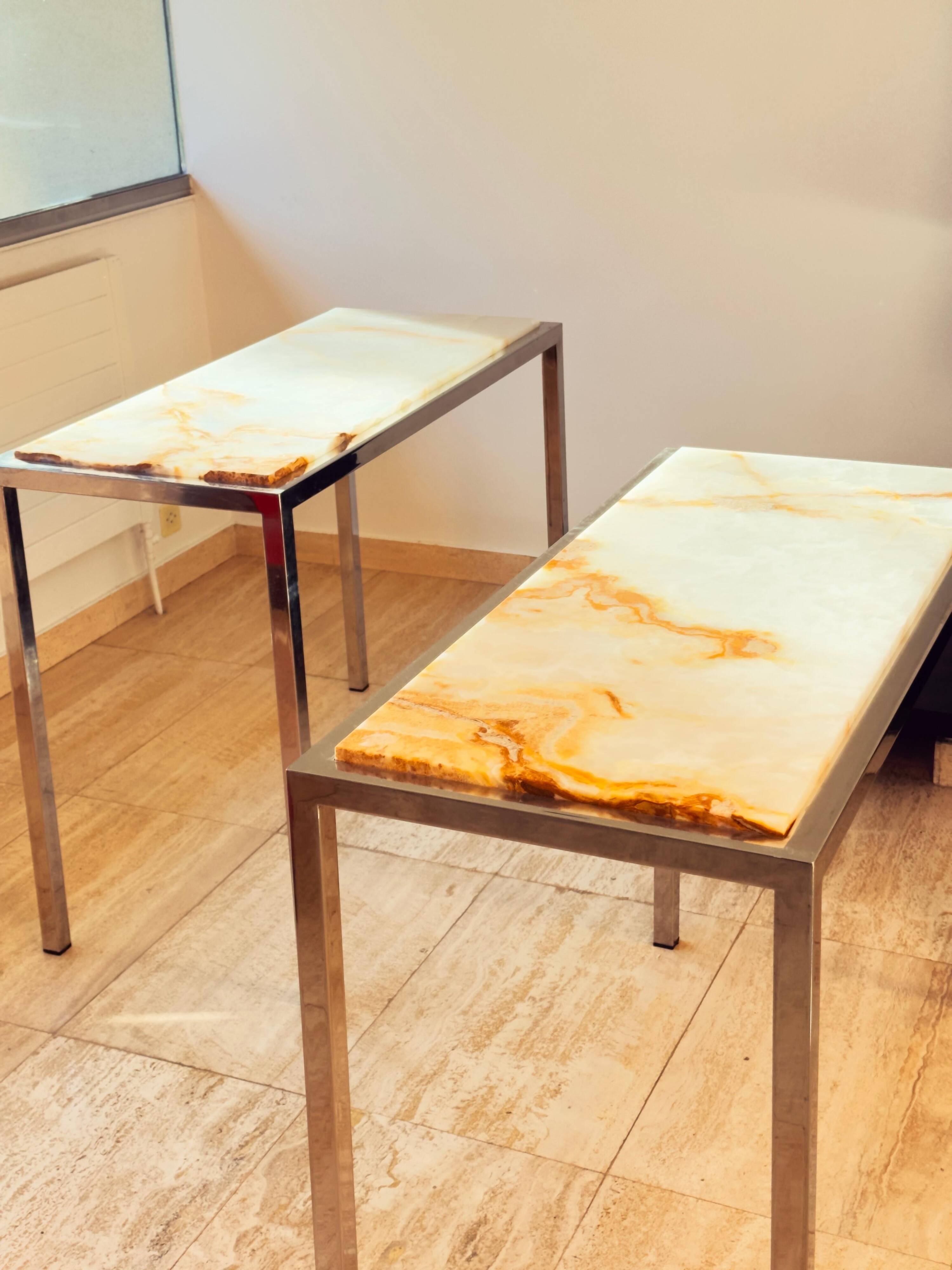 Pair of Italian Console Tables in Marble and Chrome, 1970s