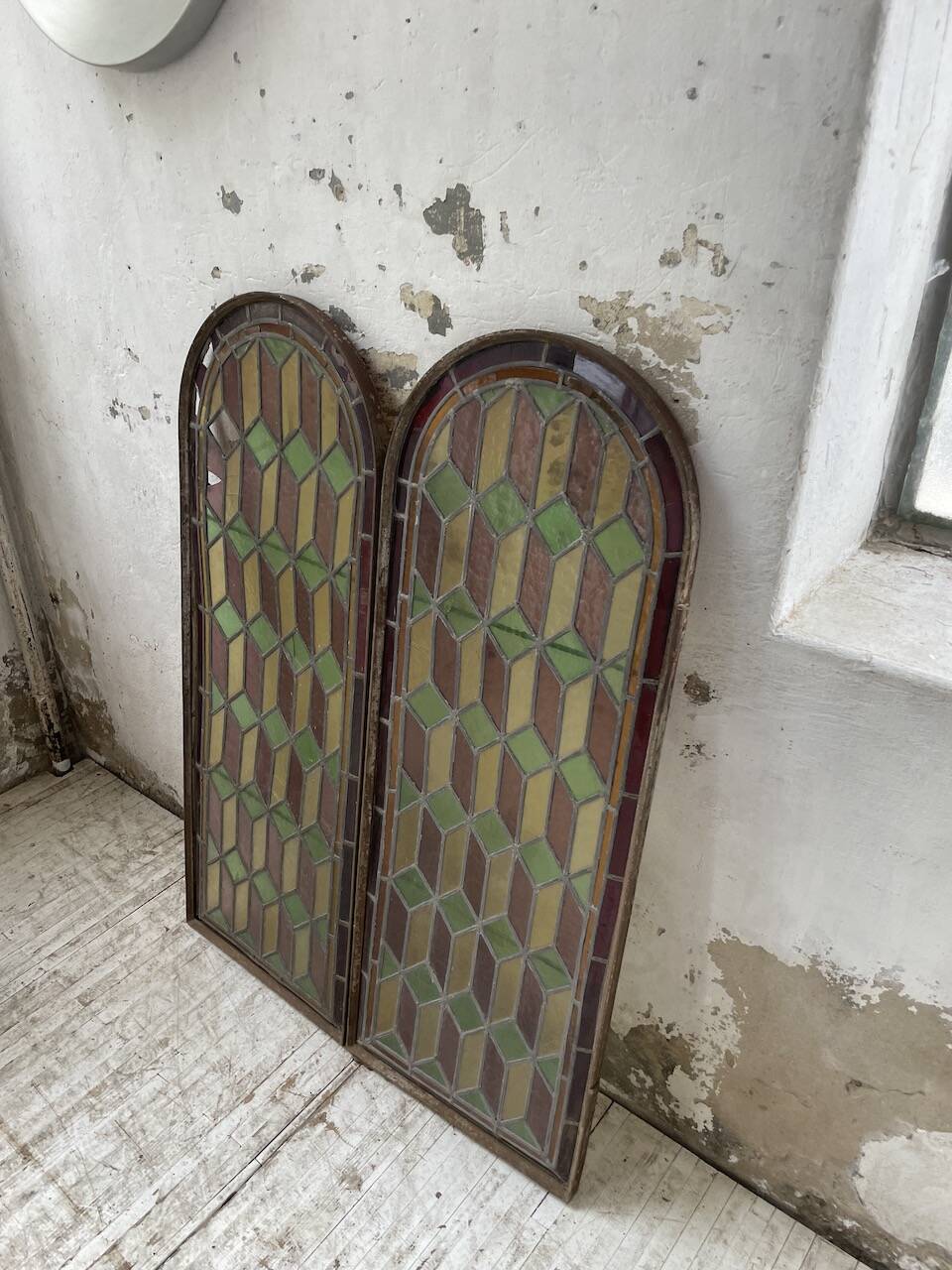 Old stained glass window in metal and glass 1900