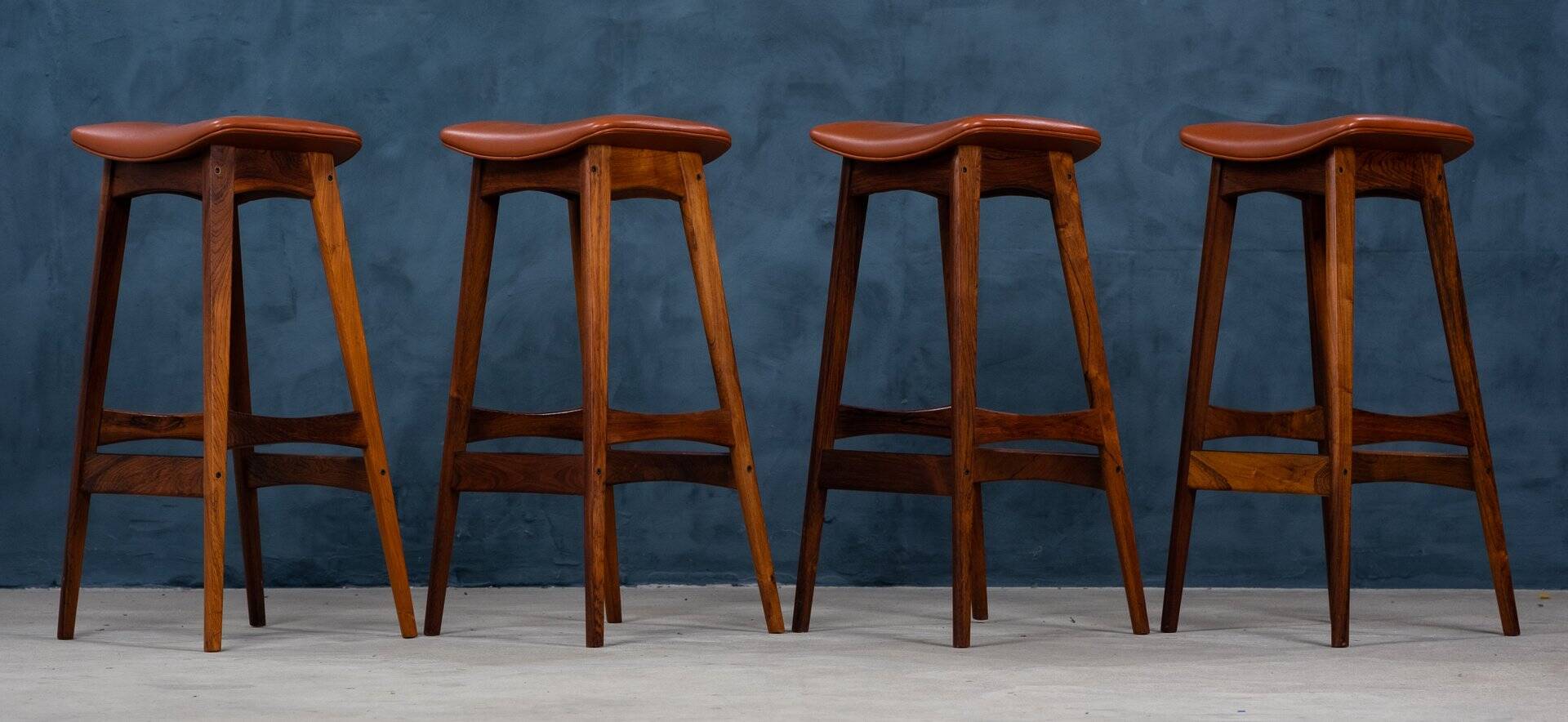 Mid-Century Bar Stools in Rosewood and Leather by Erik Buch for Dyrlund, Set of 4