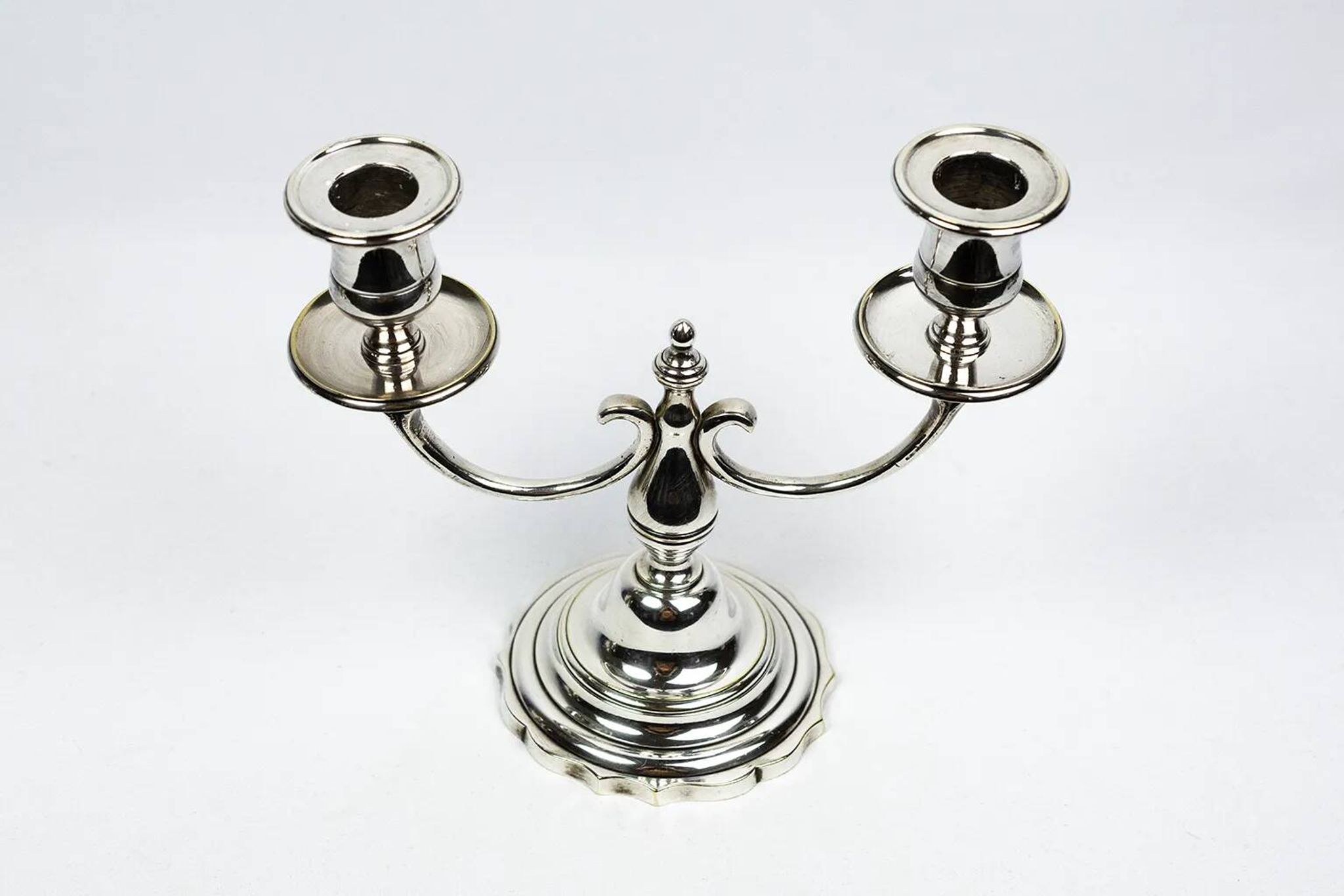 Pair of candlesticks | antique two-armed candelabra in silver-plated metal