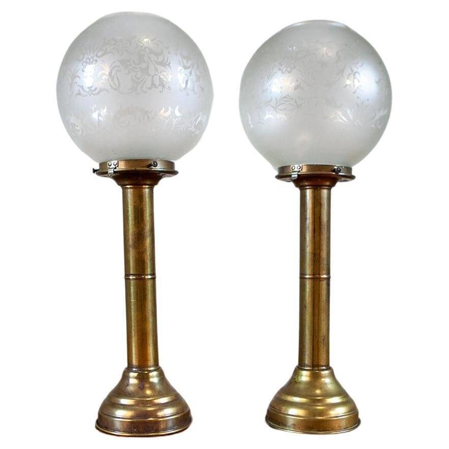 20th-Century Candleholders with Glass Shades, 1950s, Set of 2