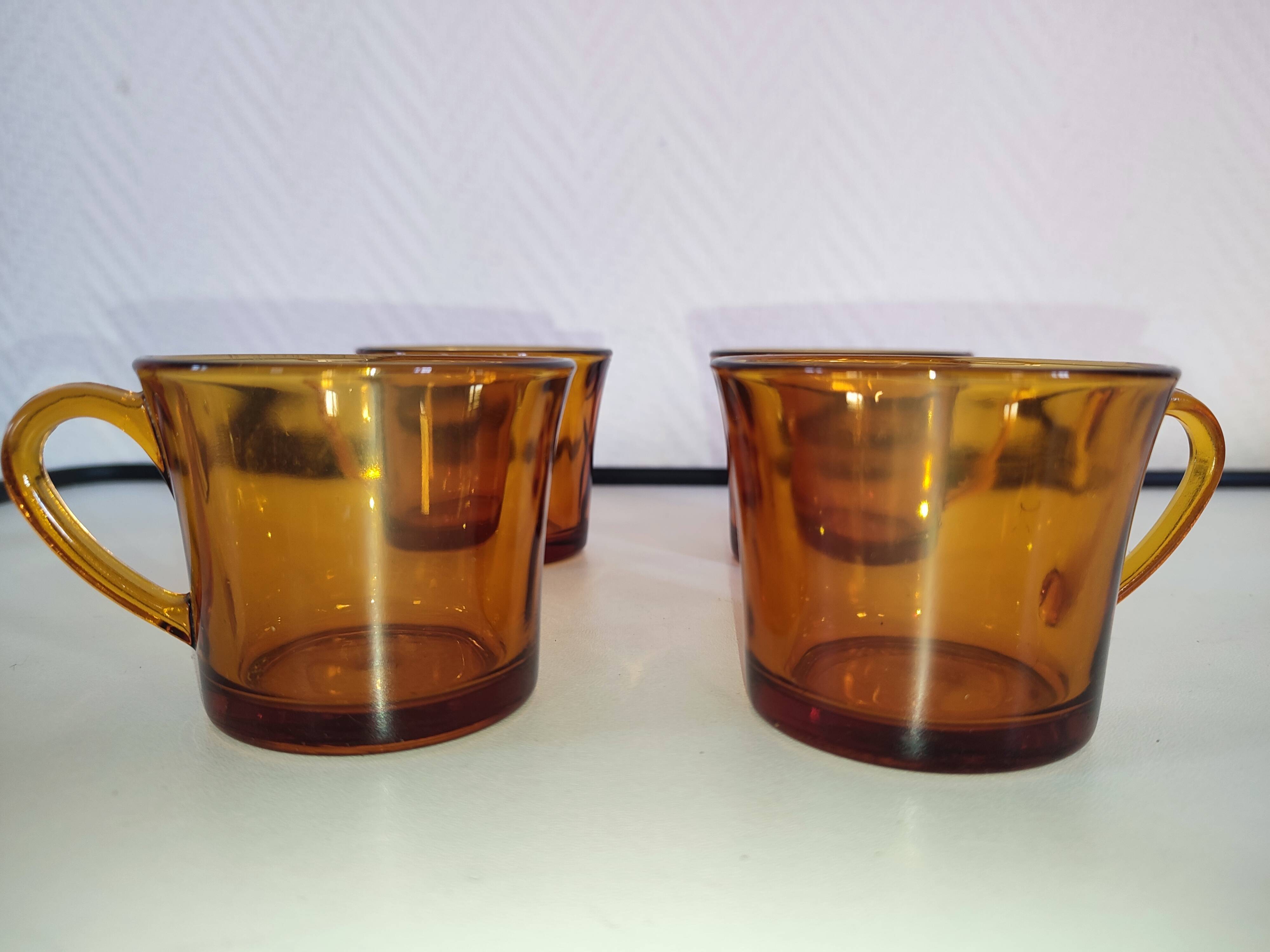 4 vintage Duralex amber glass coffee cups
