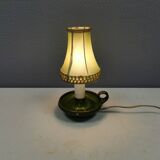 Small ceramic table lamp with beautiful green glaze and original shade, 70s