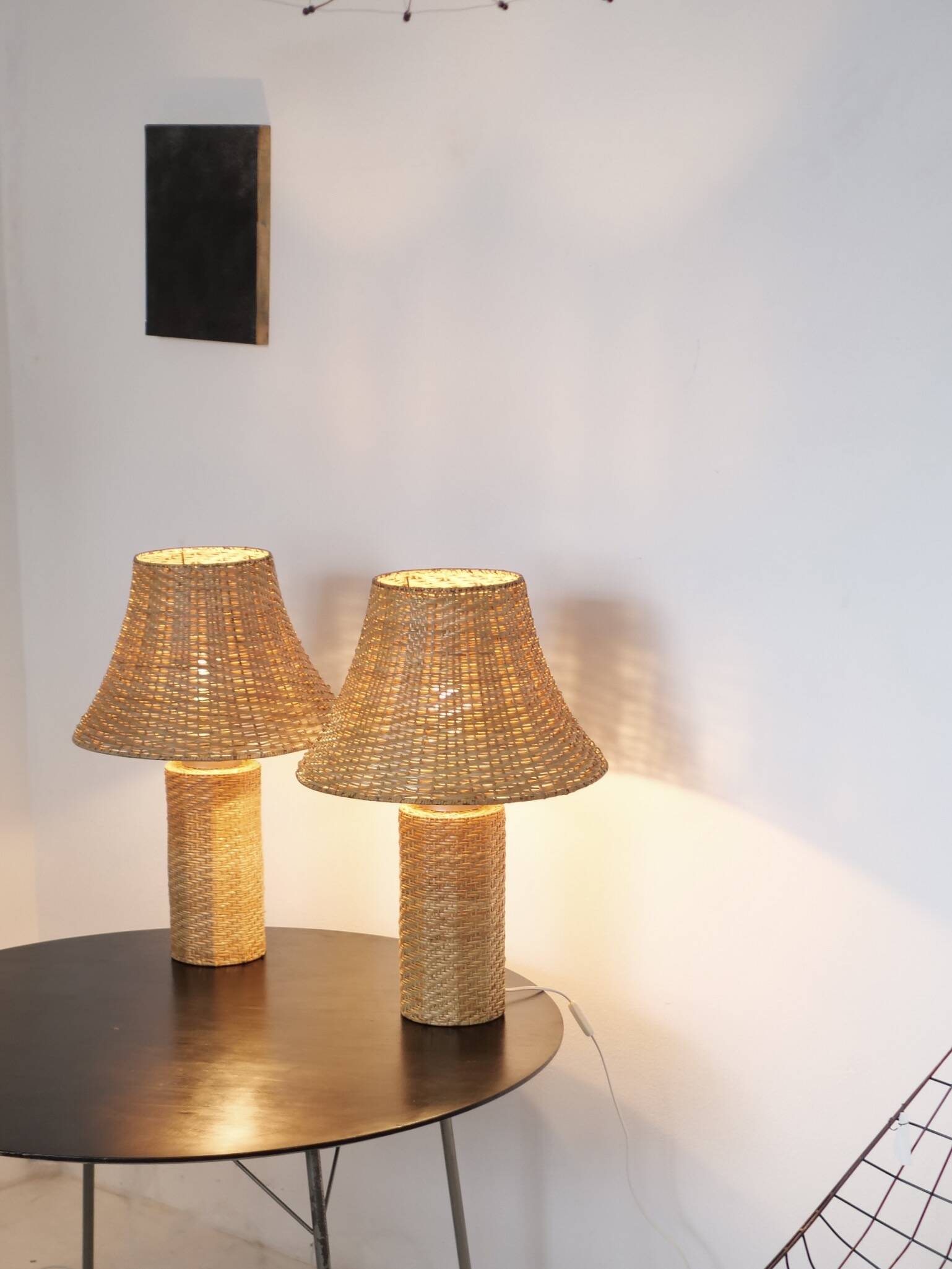 Pair of large Scandinavian rattan lamps from the 80s