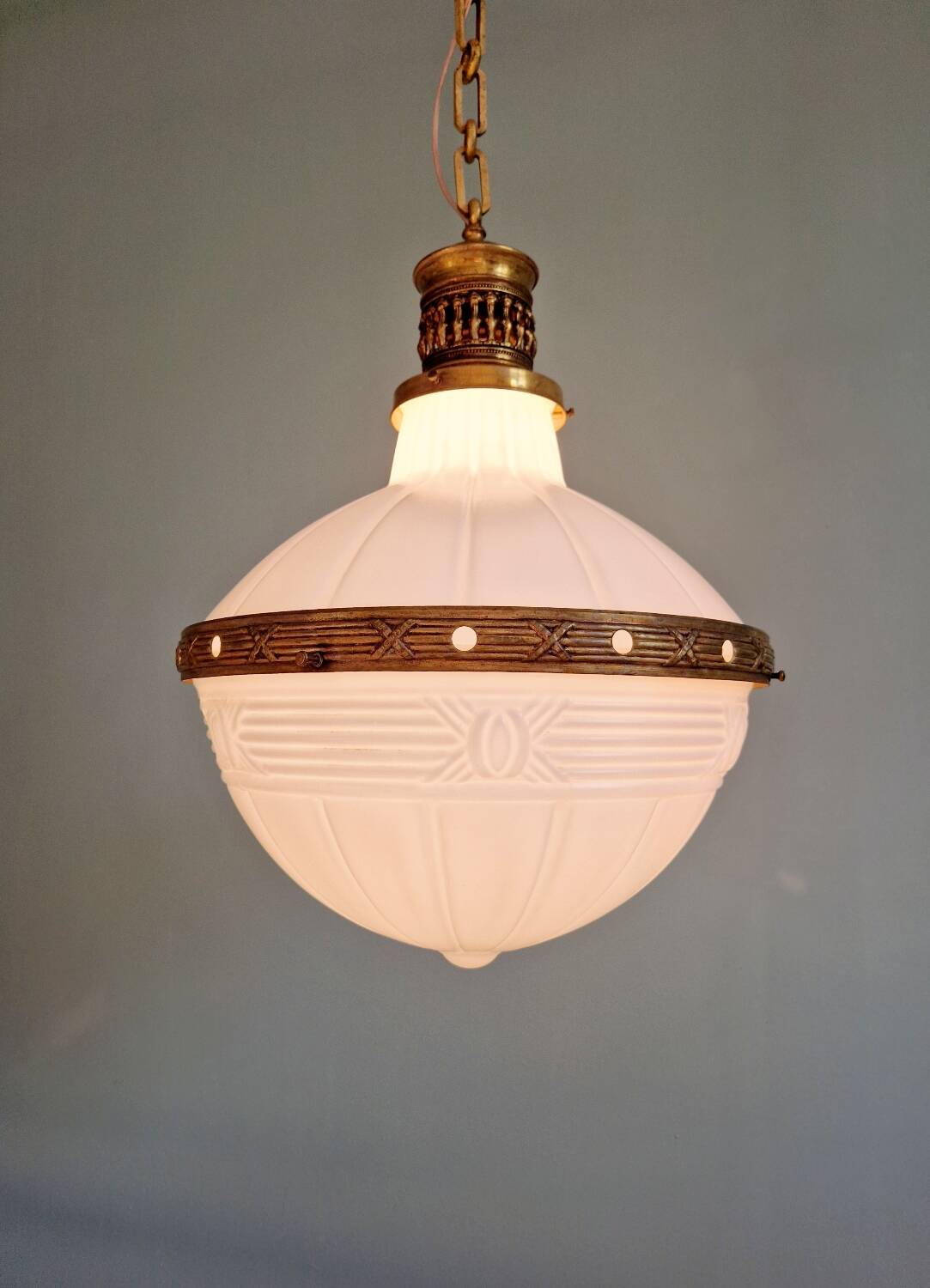 Large Art Deco pendant light in milk glass and brass, 1920s