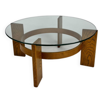 Vintage Oak and Thick Glass Coffee Table, 1960