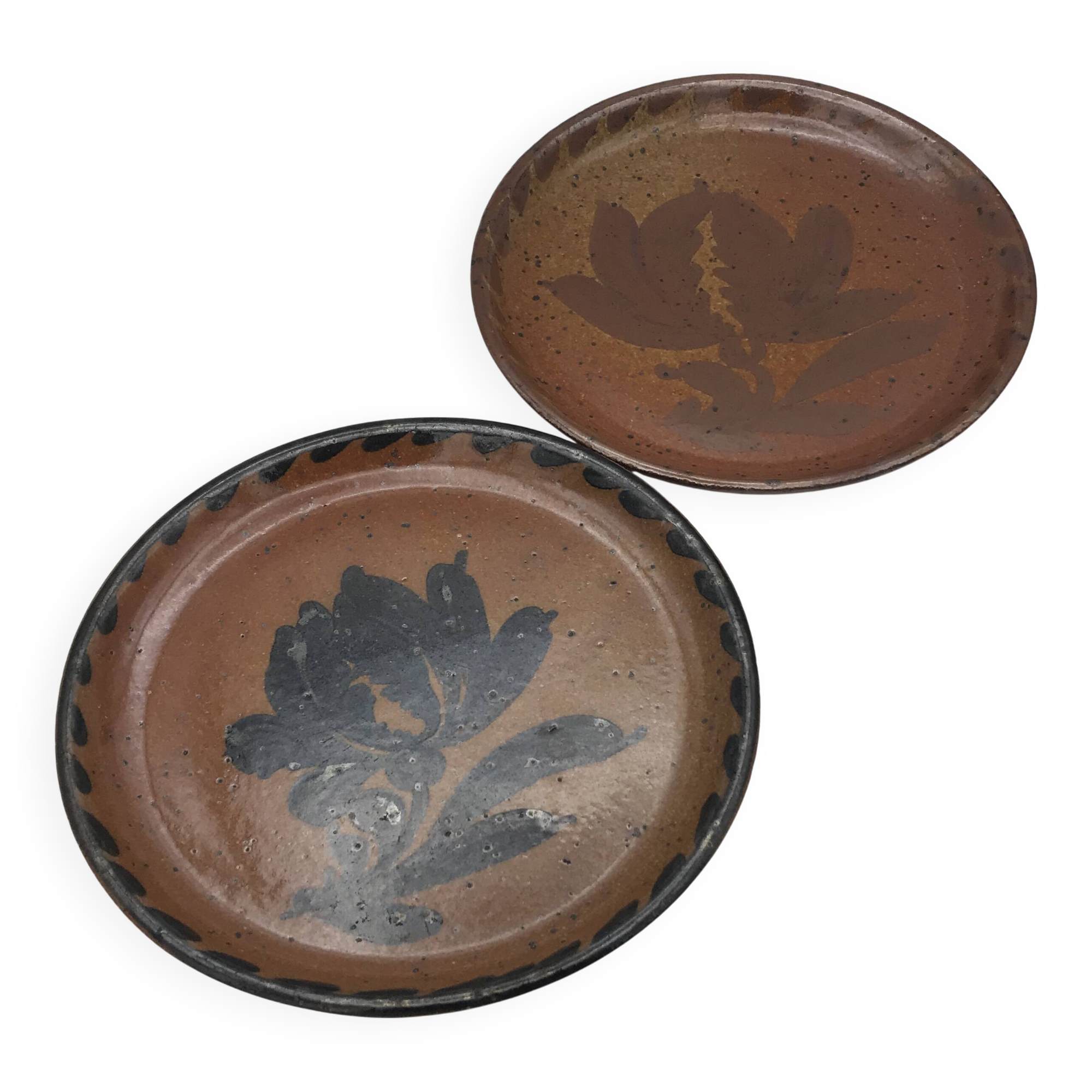 Set of 2 plates in pyrite stoneware with floral decoration h. siegfried, souffle