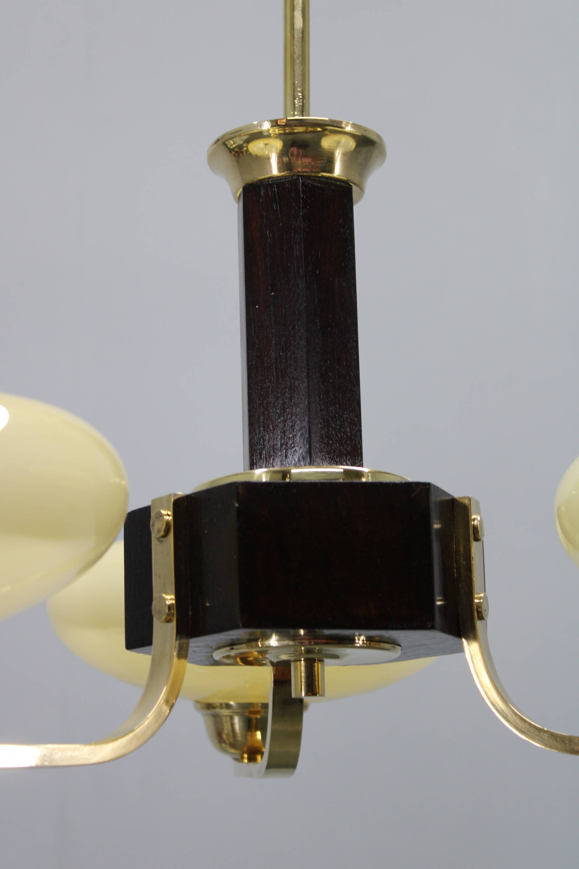 Art Deco brass and wood chandelier with champagne glass, Czechoslovakia 1930s