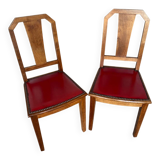 Pair of Vintage Art Deco Wooden Chairs with Red Leather Upholstery #D742