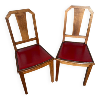 Pair of Vintage Art Deco Wooden Chairs with Red Leather Upholstery #D742