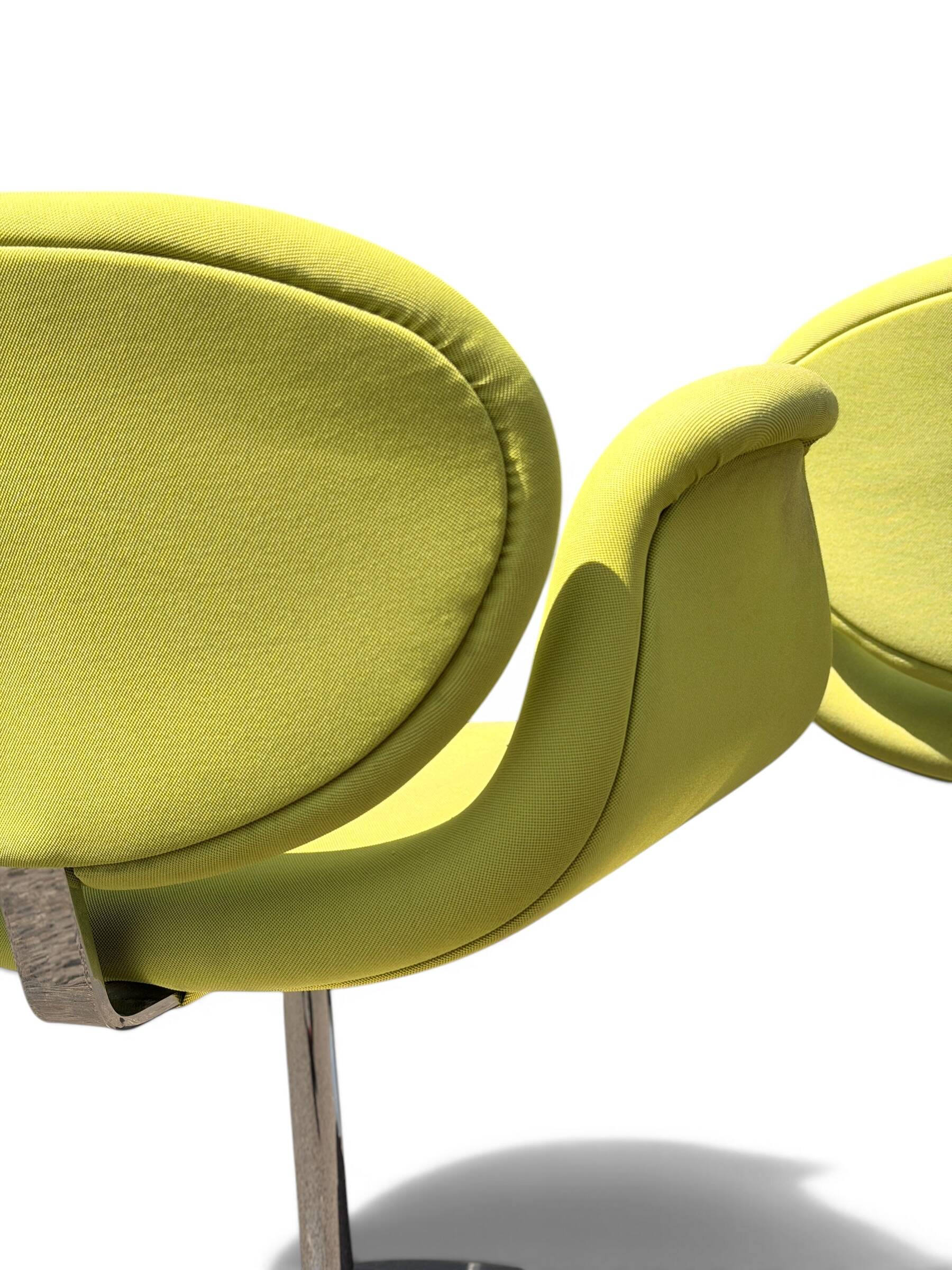 Pair of Little Tulip armchairs by Pierre Paulin for Artifort in green fabric.