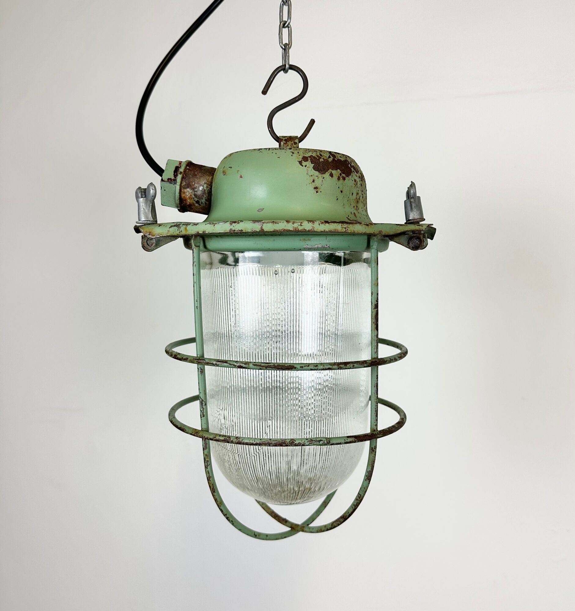 Green Industrial Soviet Bunker Pendant Light with Iron Grid, 1960s