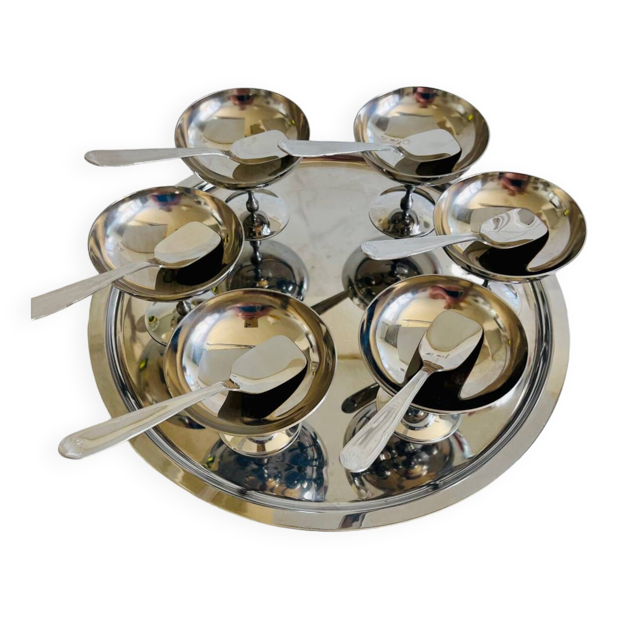 Vintage Stainless Steel Ice Cream Cups, Spoons and Trays