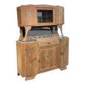 Buffet parisien art déco 2 corps en chêne massif et marbre, 1940, rénové