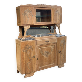 Parisian art deco 2-part buffet renovated in solid oak and marble 1940