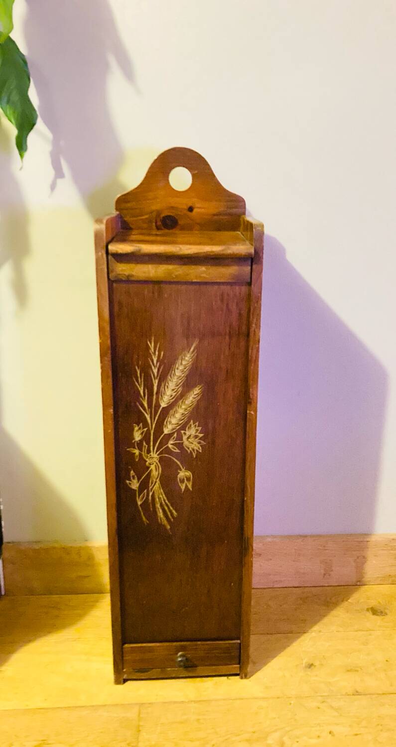 1980s solid wood bread bin decorated with a golden wheat sheaf
