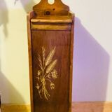 1980s solid wood bread bin decorated with a golden wheat sheaf