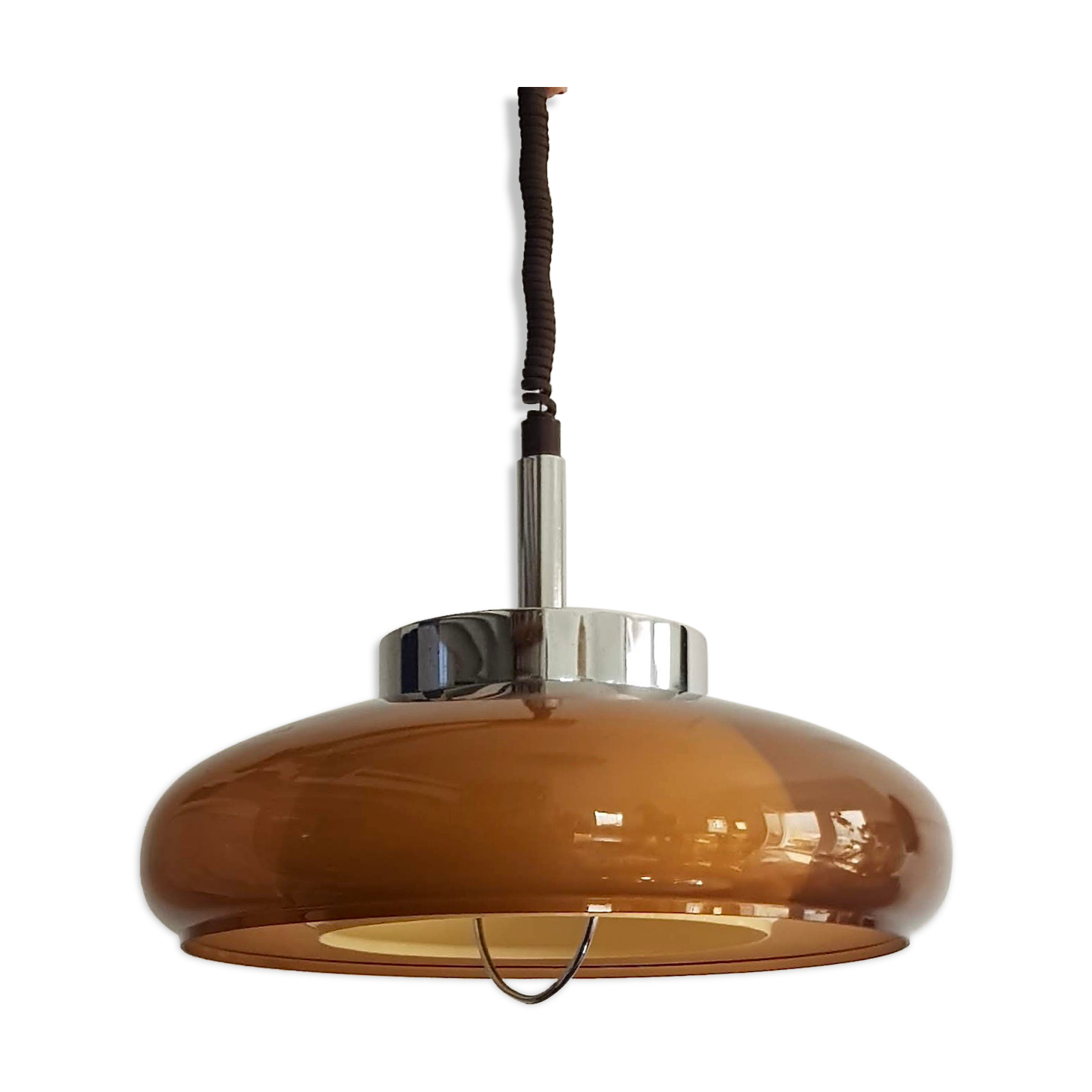 Vintage pendant lamp chrome and transparent brown plastic adjustable in height