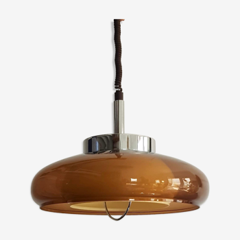 Vintage pendant lamp chrome and transparent brown plastic adjustable in height