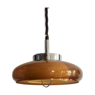 Vintage pendant lamp chrome and transparent brown plastic adjustable in height