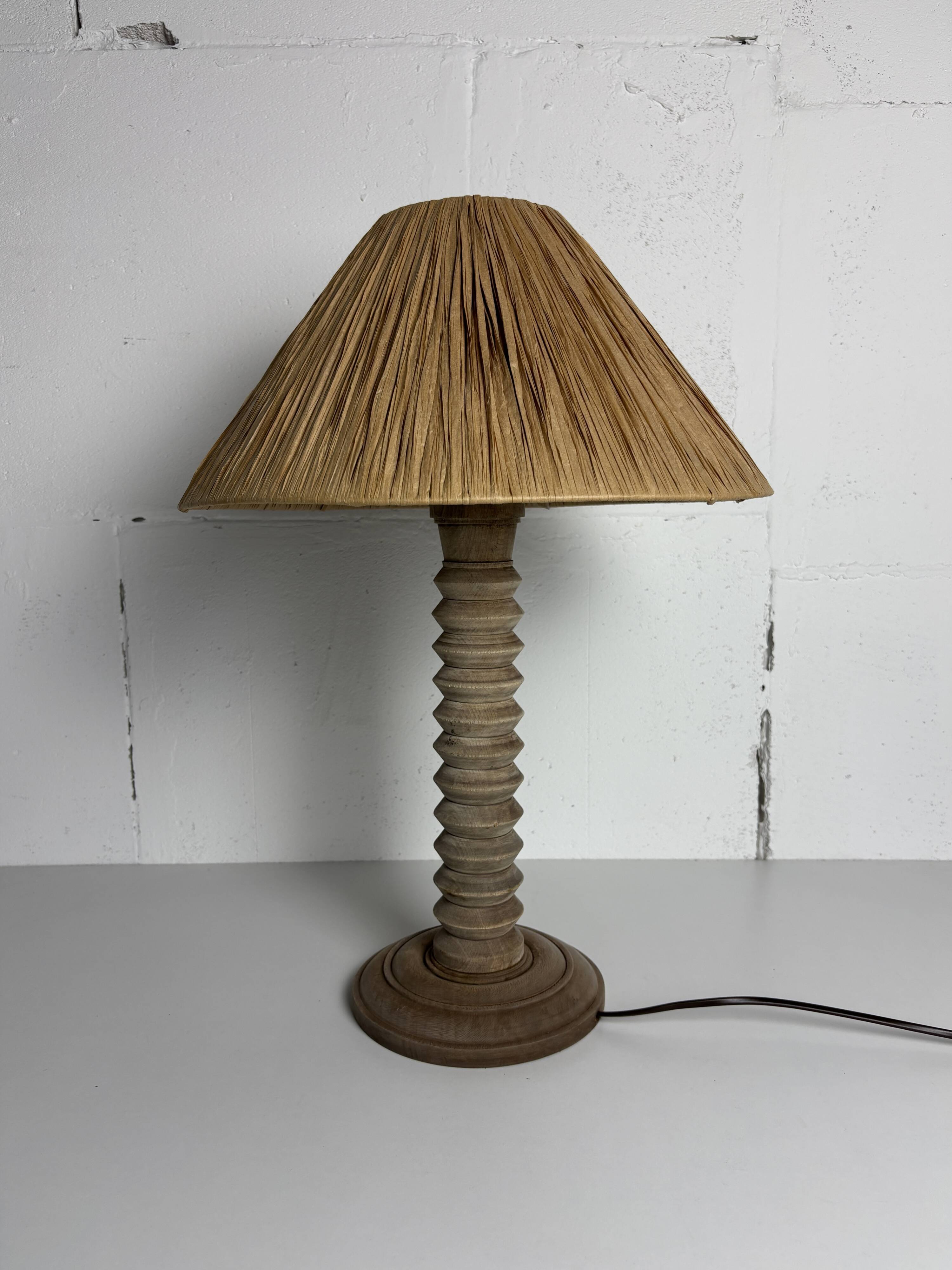 Wabi sabi brutalist wood turned table lamp in the style of Charles Dudouyt