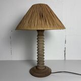 Wabi sabi brutalist wood turned table lamp in the style of Charles Dudouyt