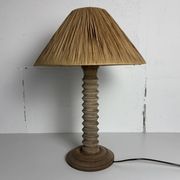 Wabi sabi brutalist wood turned table lamp in the style of Charles Dudouyt