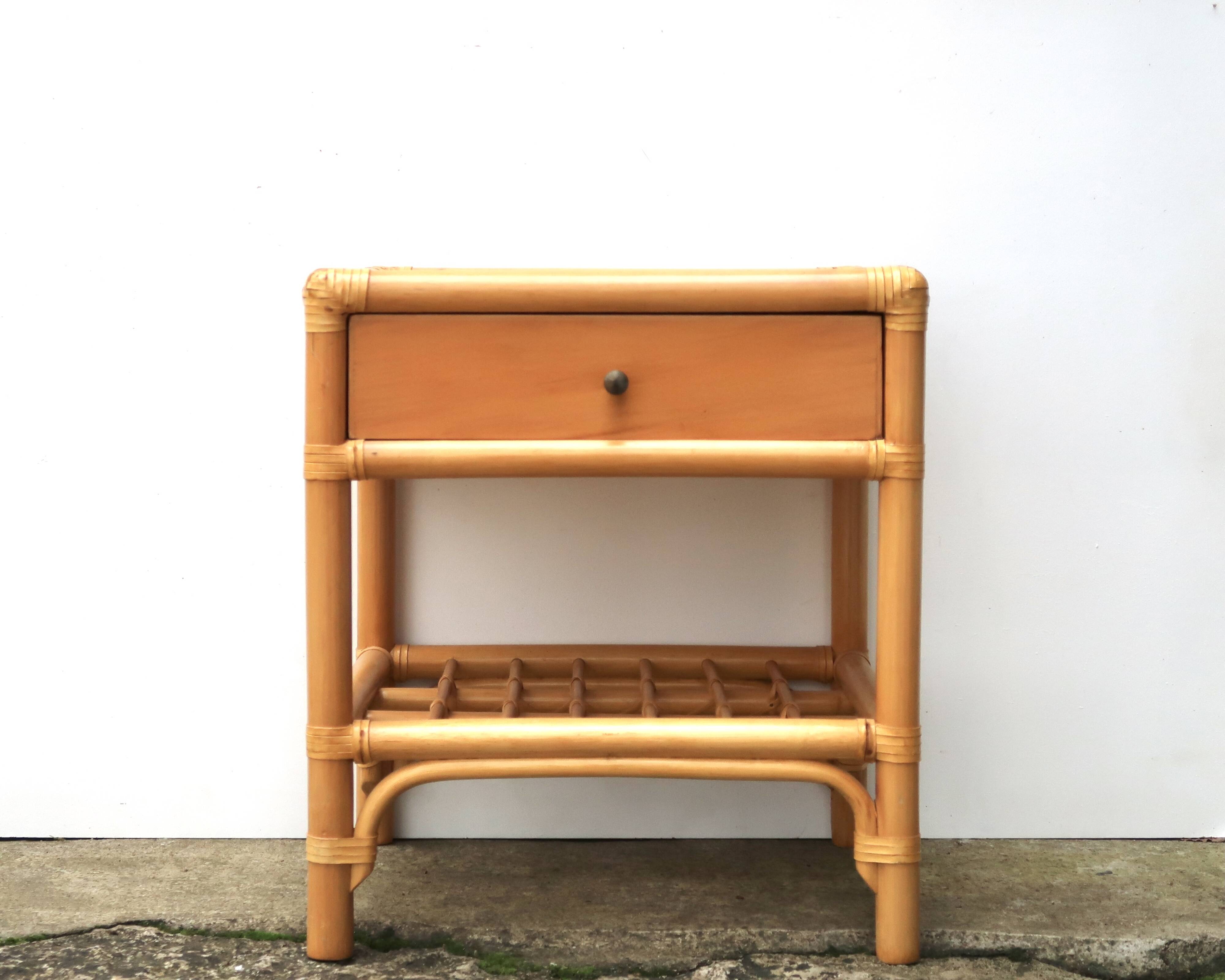 Bedside or side table in wood, bamboo and rattan, 1970s