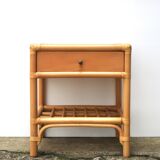 Bedside or side table in wood, bamboo and rattan, 1970s