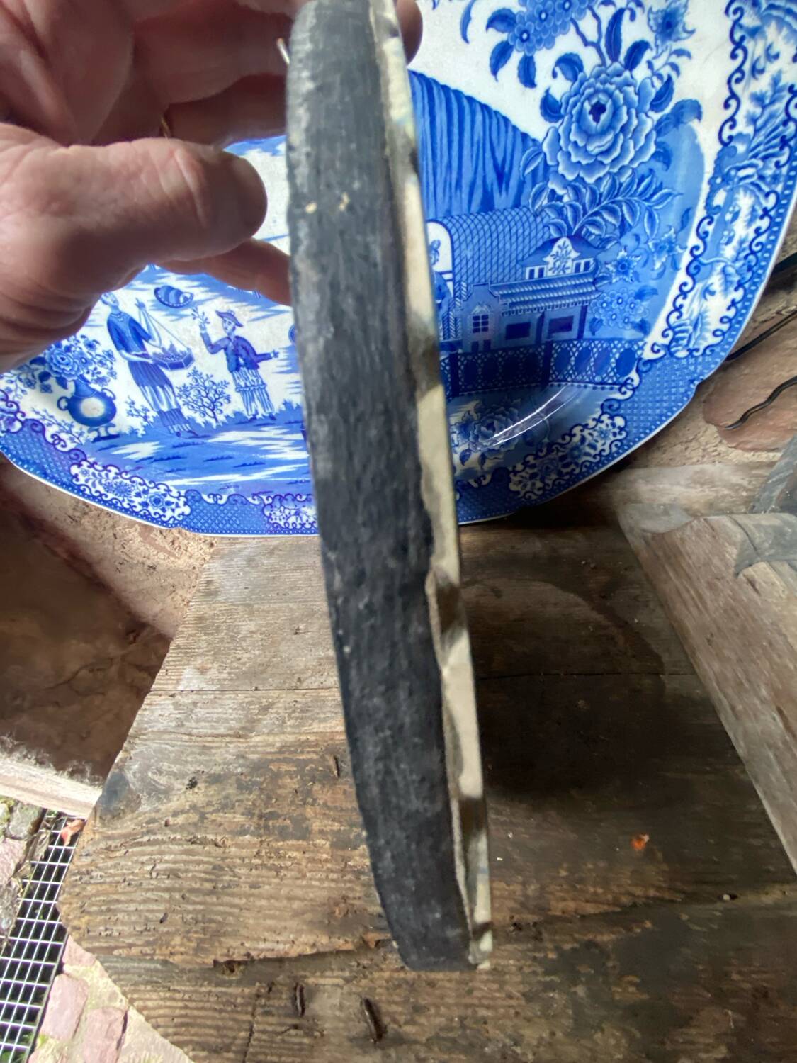 Round ceramic mirror with blue mosaic decor circa 1960