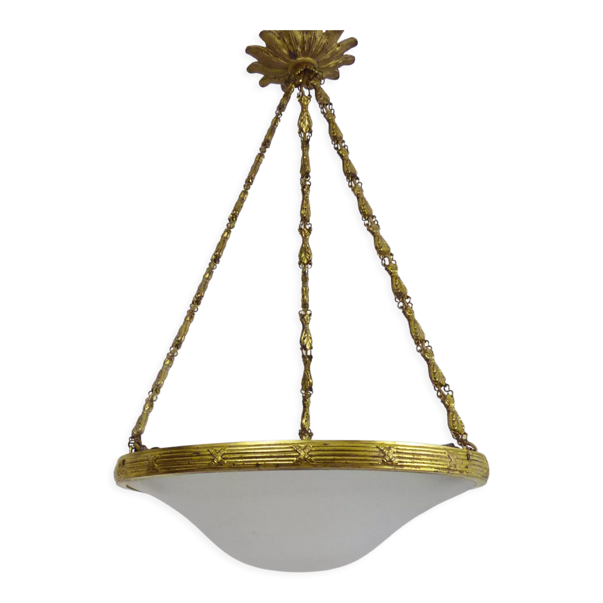 Art nouveau glass washbasin suspension, bronze structure with 3 lights