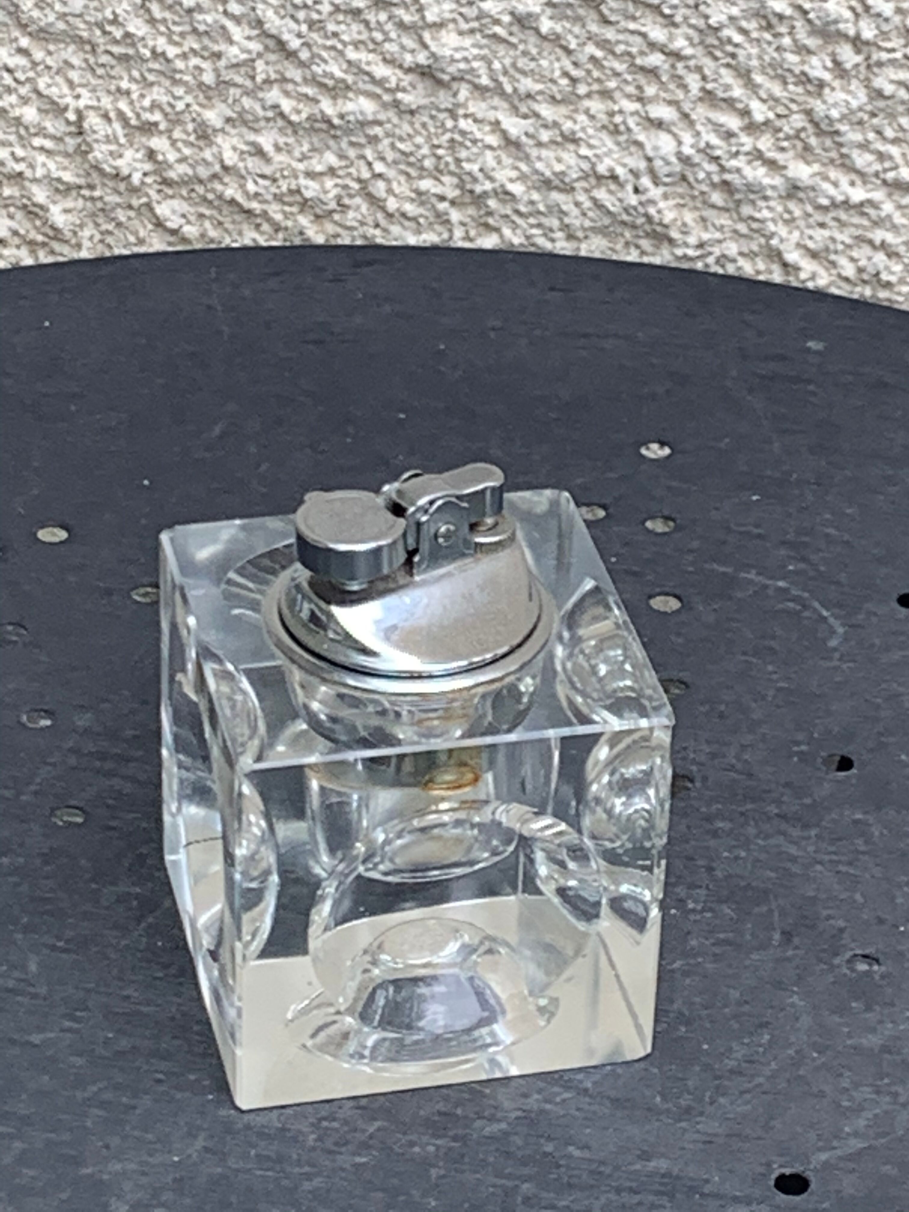 1970 glass and metal refillable table lighter