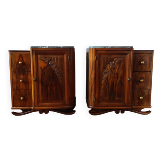 Pair of 1940 art deco bedside tables in solid walnut
