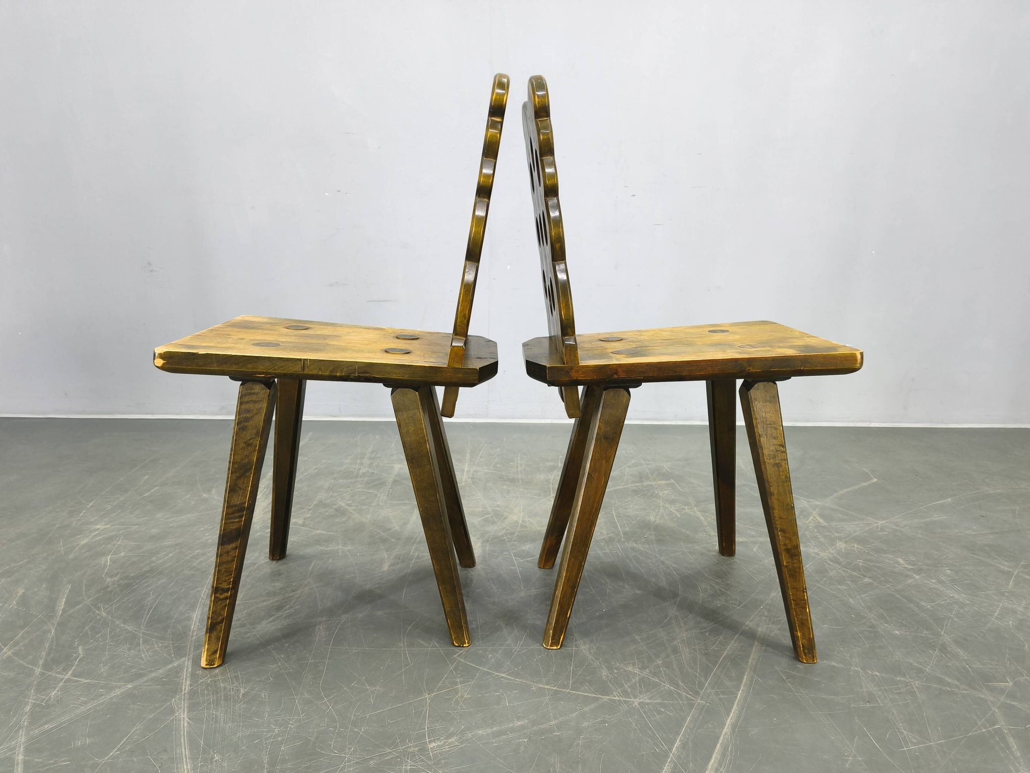Set of 3 Brutalist Wooden Chairs, Czechoslovakia, 1950s