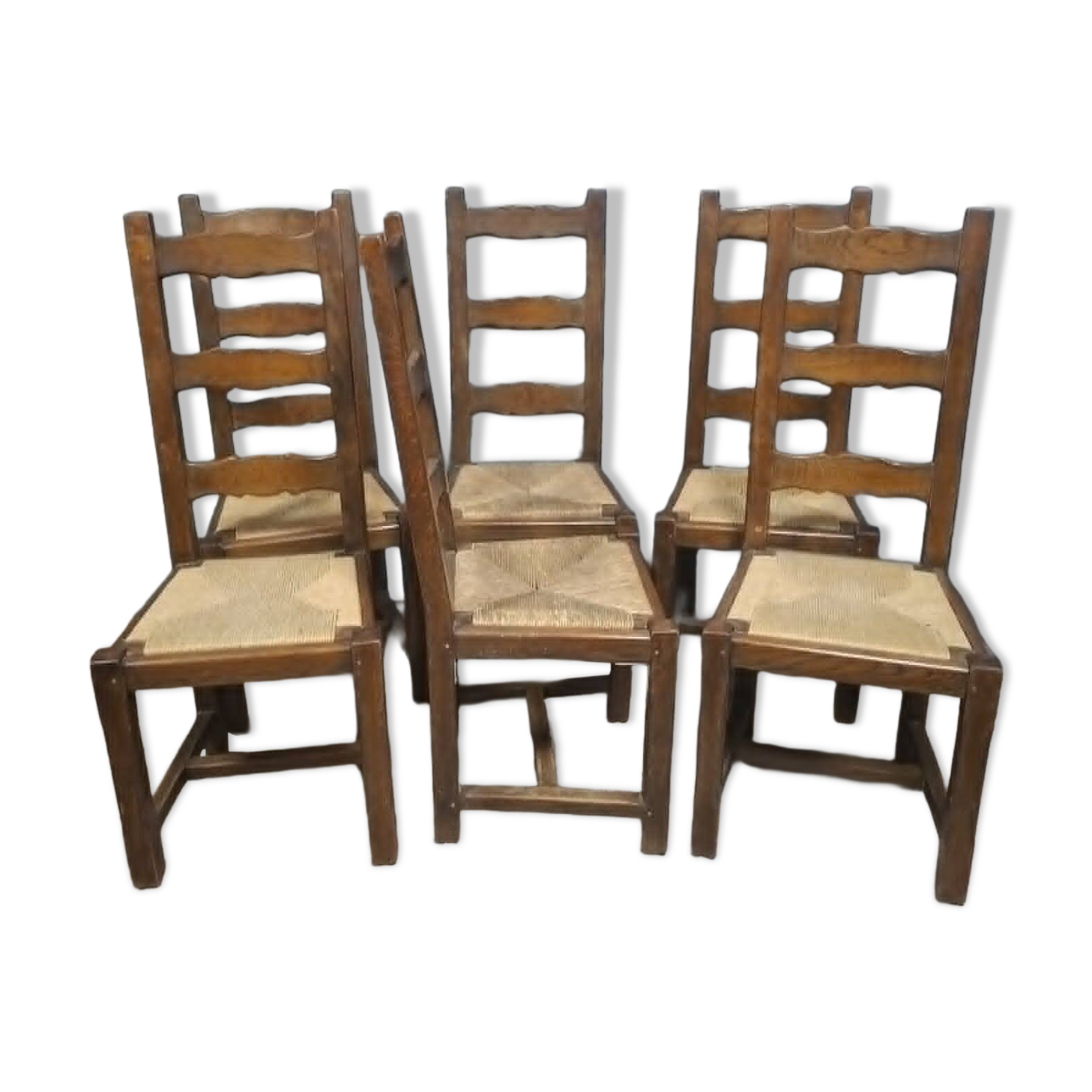Set of six rustic chairs in natural wood, regional French craftsmanship.