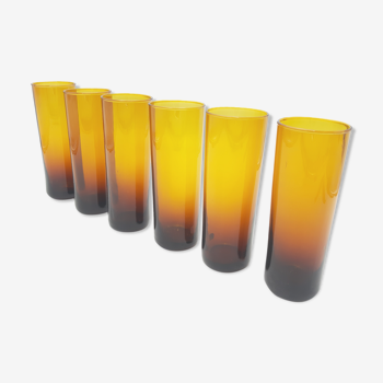 6 glasses blown amber honey