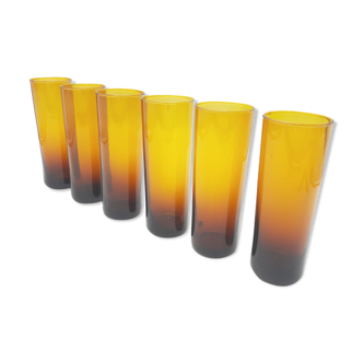 6 glasses blown amber honey