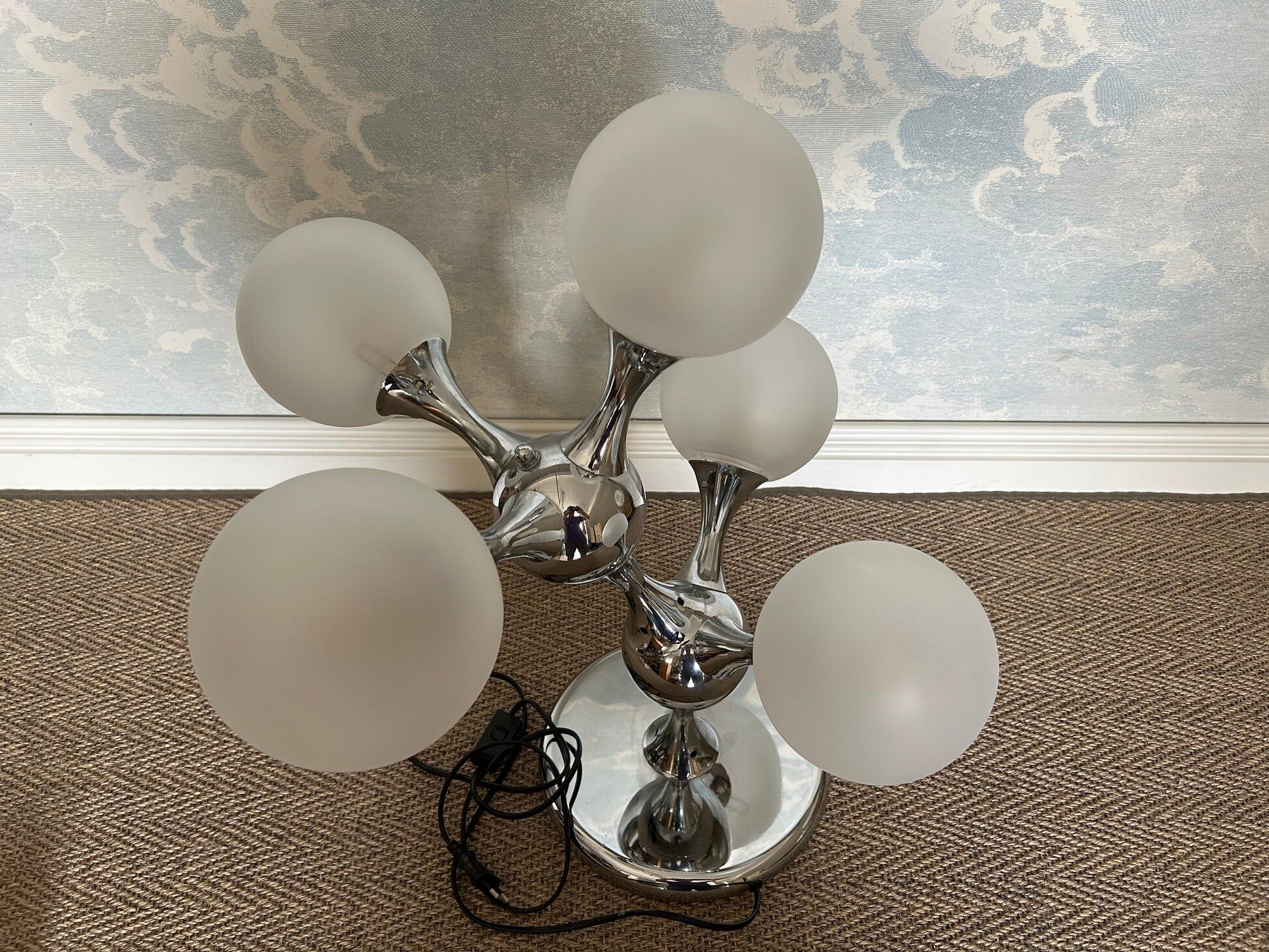 Unique table lamp with a chrome frame and opaque glass globes, 1970s, Space Age, Atomic Age, Sputnik
