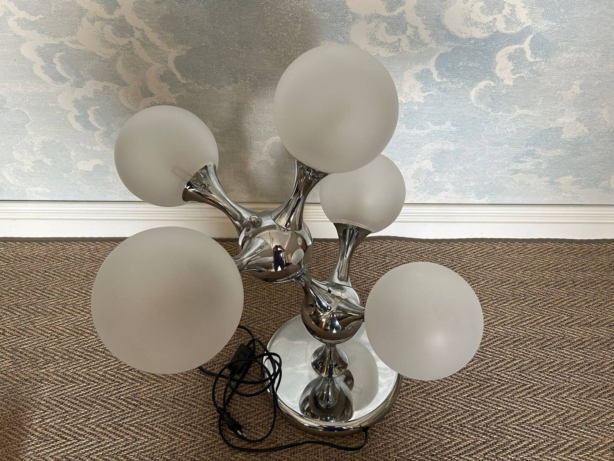 Unique table lamp with a chrome frame and opaque glass globes, 1970s, Space Age, Atomic Age, Sputnik