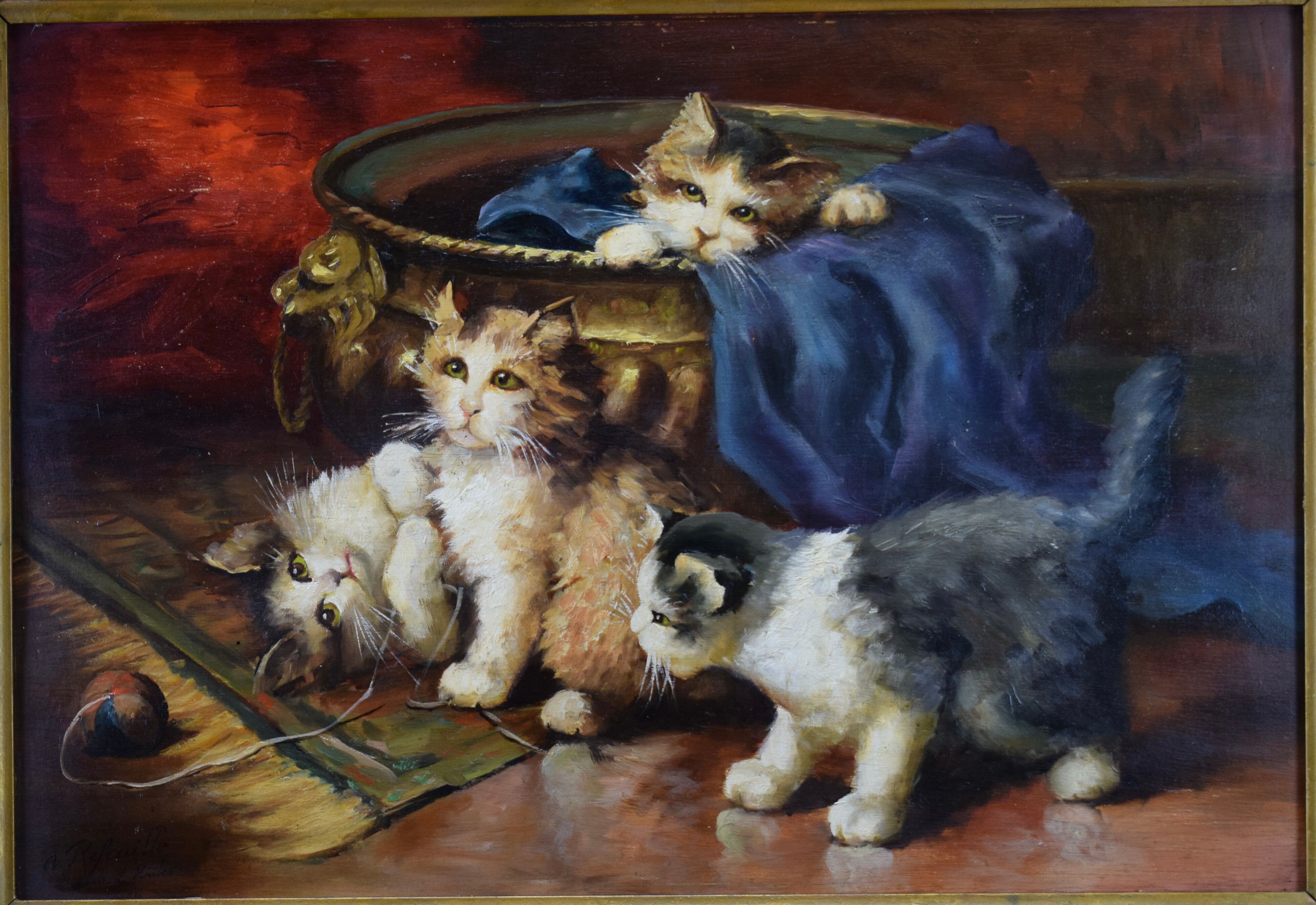 Oil painting on panels kitten playing by Leon Huber