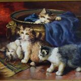 Peinture l'huile sur panneaux chatons jouant par Leon Huber