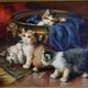 Oil painting on panels kitten playing by Leon Huber