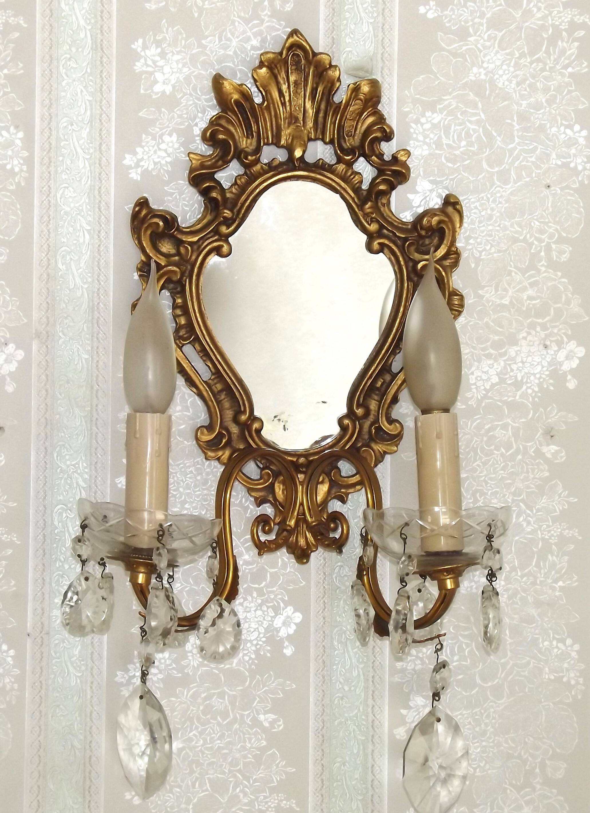 French Antique Gilt Bronze Double Light Crystal Mirrored Wall Sconce 4806